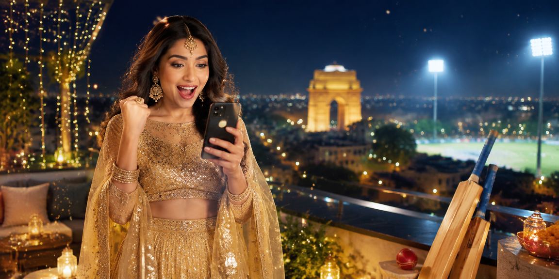 Player watching a cricket match and playing Aviator on their phone in Delhi